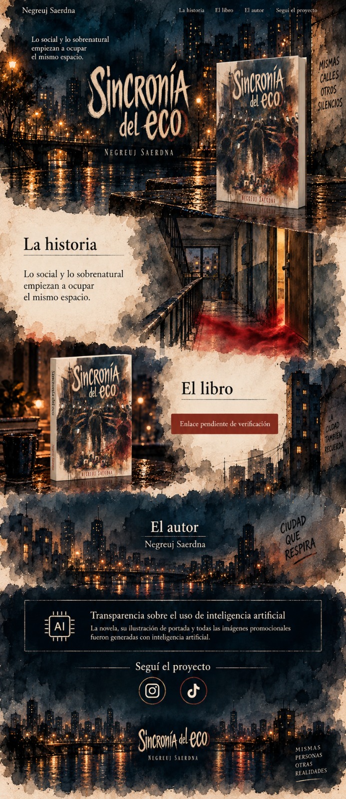 Diseño aprobado: ciudad nocturna en aguada y tinta, libro a la derecha de la primera pantalla, papel claro para La historia y El libro, autor sobre ciudad oscura y cierre con transparencia y redes.