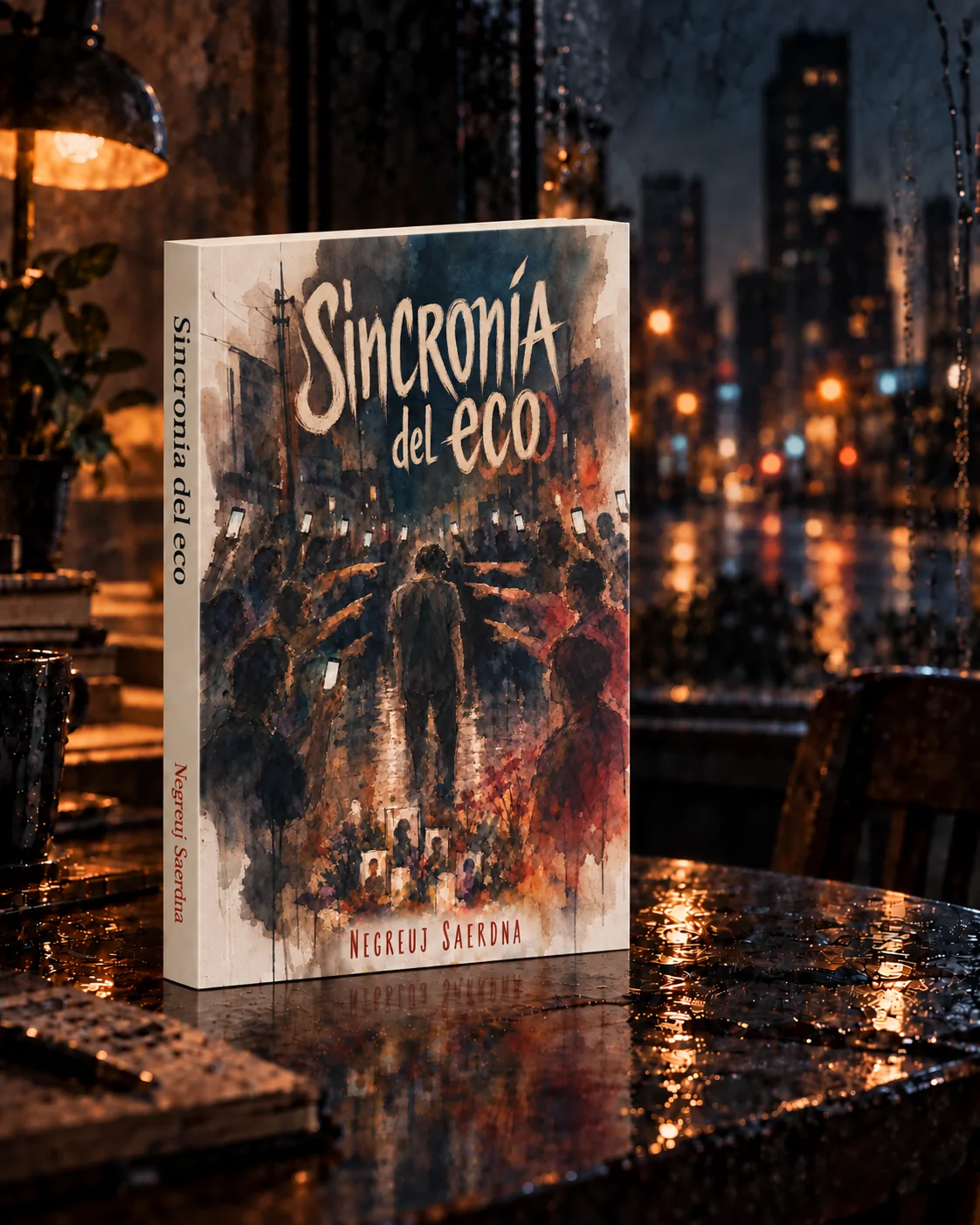 El libro Sincronía del eco con su portada oficial, sobre una mesa iluminada junto a la lluvia